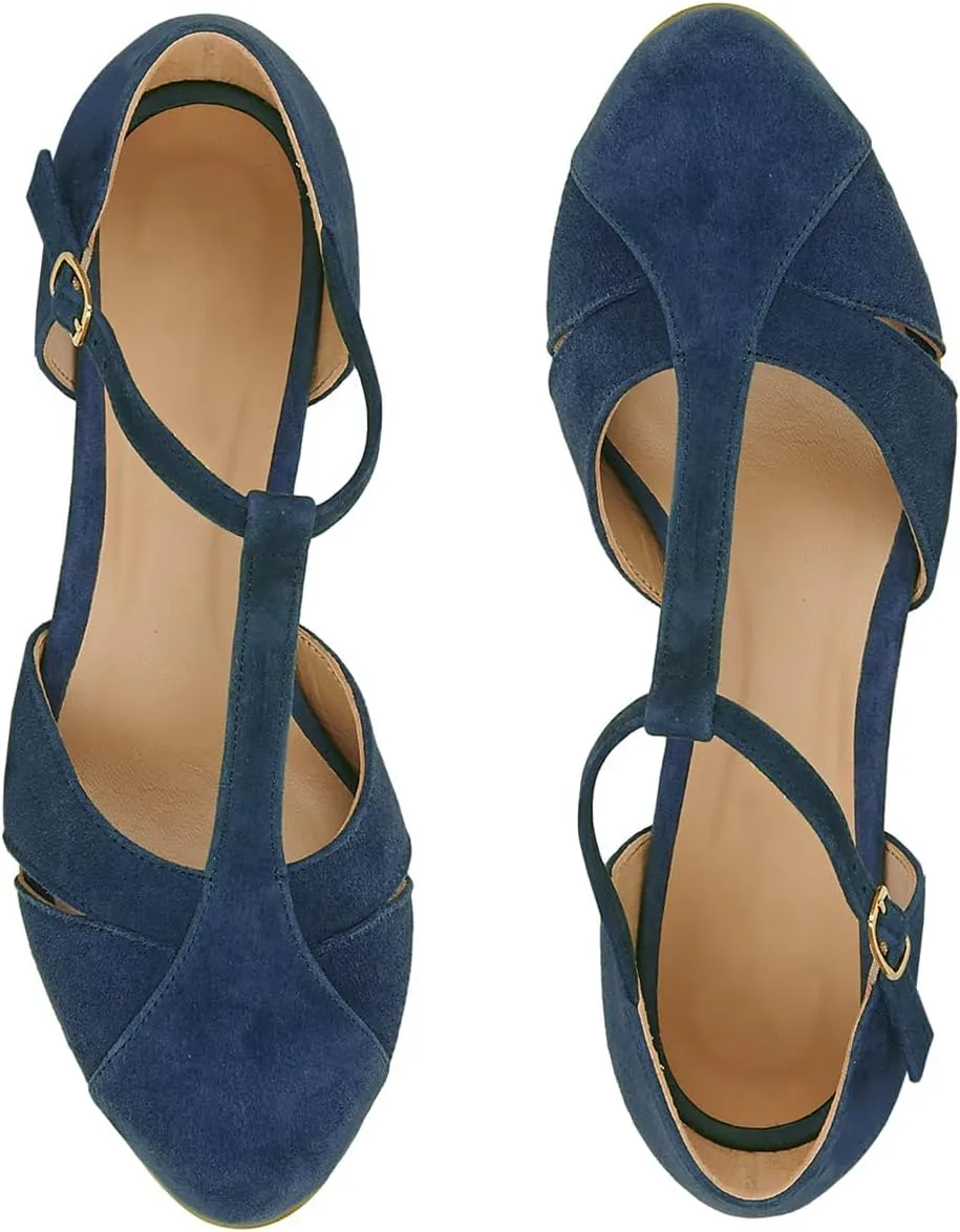 Women Kitten Heels Mary Jane Pumps Shoes Ankle T-Strap Closed Round Toe Sandals Heeled Cut Out Suede Mary Janes Dress Shoe Mid Thin Heel Patchwork Office Ladies Wedding Party Dance 4-11 M US