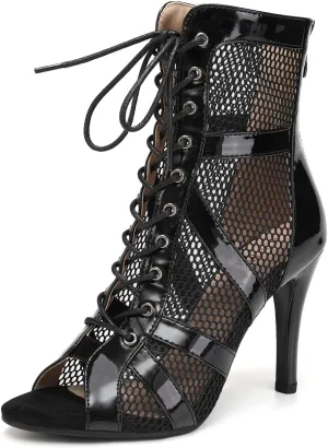 Women Open Toe Dance Ankle Boots Latin Salsa Ballrooom Lace up Dance Heels Performence Practice Party Dancing Shoes, Model DS-789QP