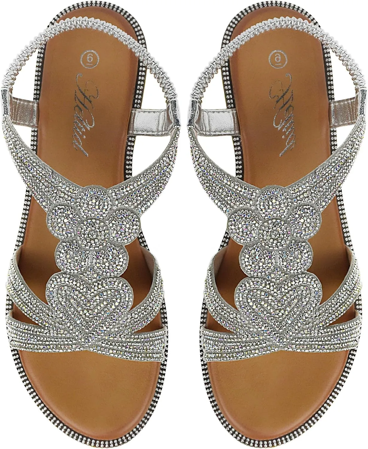 Women Open Toe Rhinestone Flat Sandals Elastic Ankle Strap Bohemian Dressy Sandals for Women