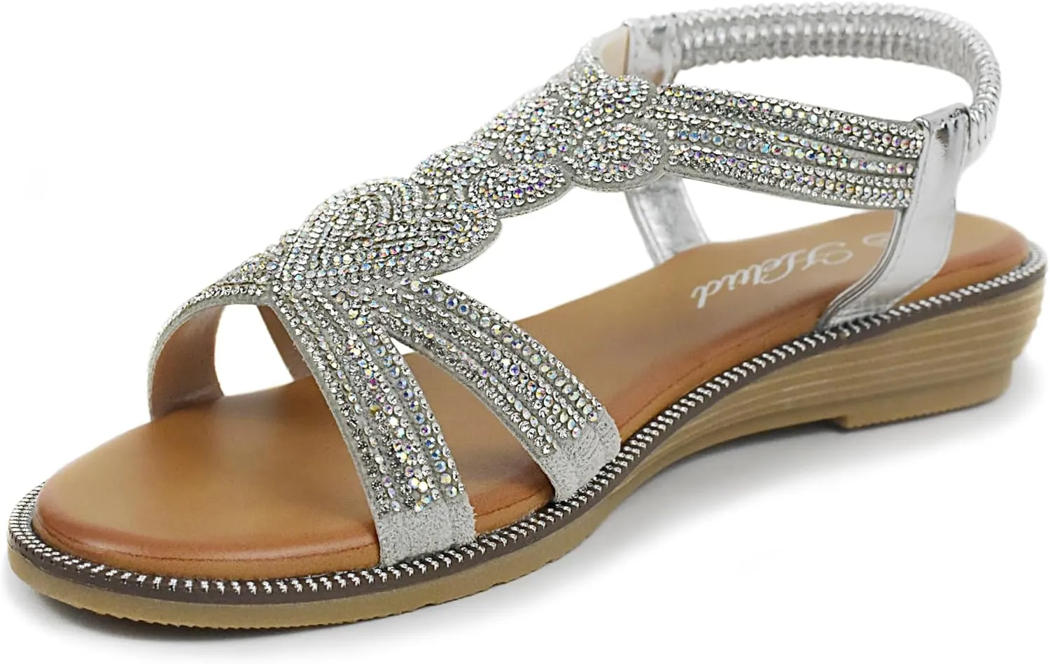 Women Open Toe Rhinestone Flat Sandals Elastic Ankle Strap Bohemian Dressy Sandals for Women