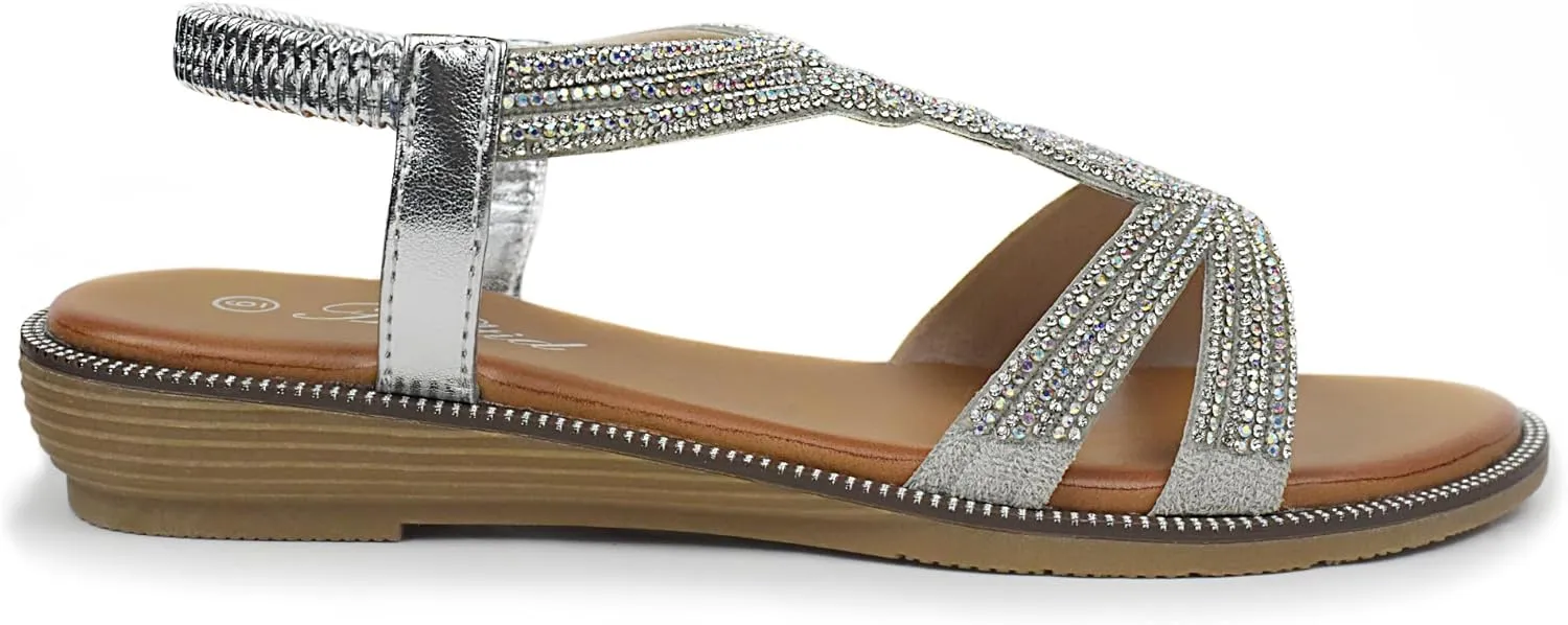 Women Open Toe Rhinestone Flat Sandals Elastic Ankle Strap Bohemian Dressy Sandals for Women
