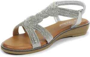 Women Open Toe Rhinestone Flat Sandals Elastic Ankle Strap Bohemian Dressy Sandals for Women