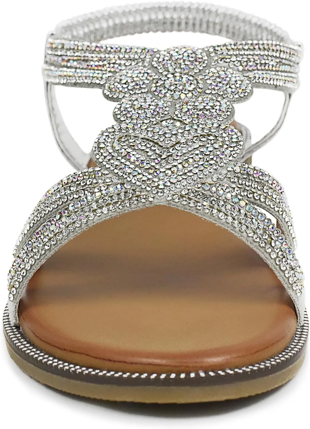 Women Open Toe Rhinestone Flat Sandals Elastic Ankle Strap Bohemian Dressy Sandals for Women