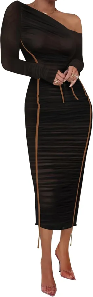 Women Sexy Mesh Maxi Dress Off Shoulder Long Sleeve Bodycon Ruched y2k Club Party Concert Night Rave Outfits