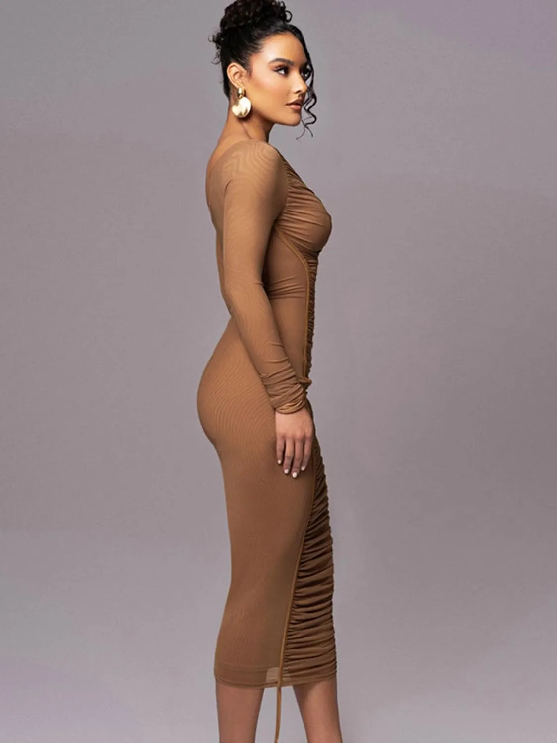 Women Sexy Mesh Maxi Dress Off Shoulder Long Sleeve Bodycon Ruched y2k Club Party Concert Night Rave Outfits