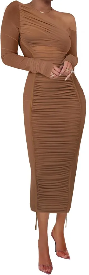 Women Sexy Mesh Maxi Dress Off Shoulder Long Sleeve Bodycon Ruched y2k Club Party Concert Night Rave Outfits