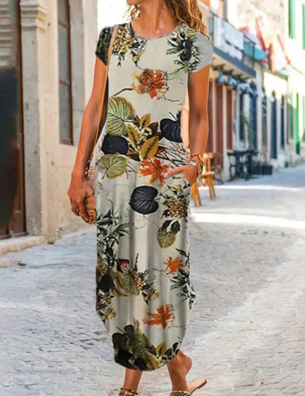 Women Summer Casual Maxi Dress Floral Printed Loose Pockets Short Sleeve Split Boho Dresses
