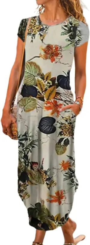 Women Summer Casual Maxi Dress Floral Printed Loose Pockets Short Sleeve Split Boho Dresses