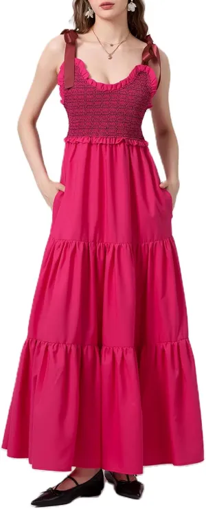 Women Tie Shoulder Maxi Dress Sleeveless Floral Smocked Tiered Ruffle Swing Flowy Dress Y2k Graffiti Long Sundresses