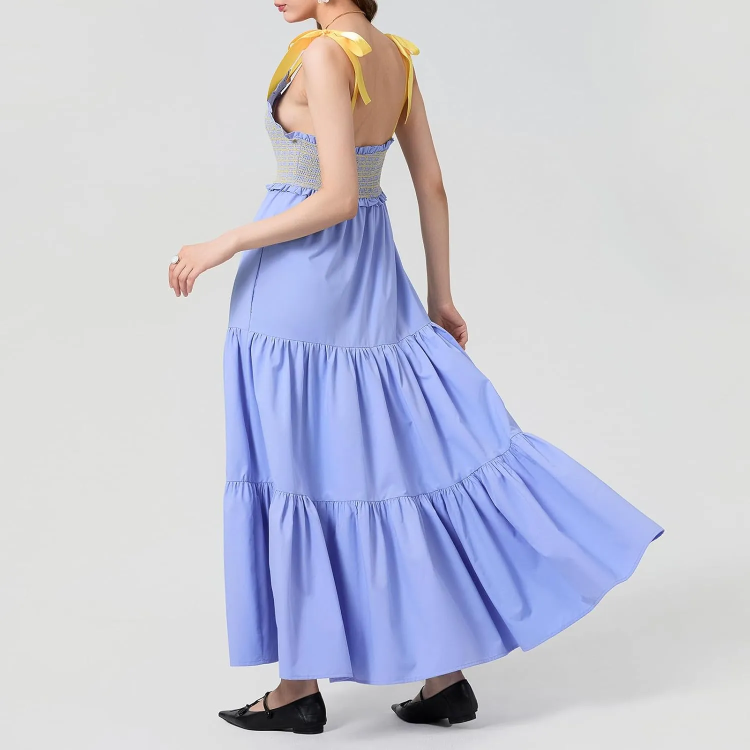 Women Tie Shoulder Maxi Dress Sleeveless Floral Smocked Tiered Ruffle Swing Flowy Dress Y2k Graffiti Long Sundresses