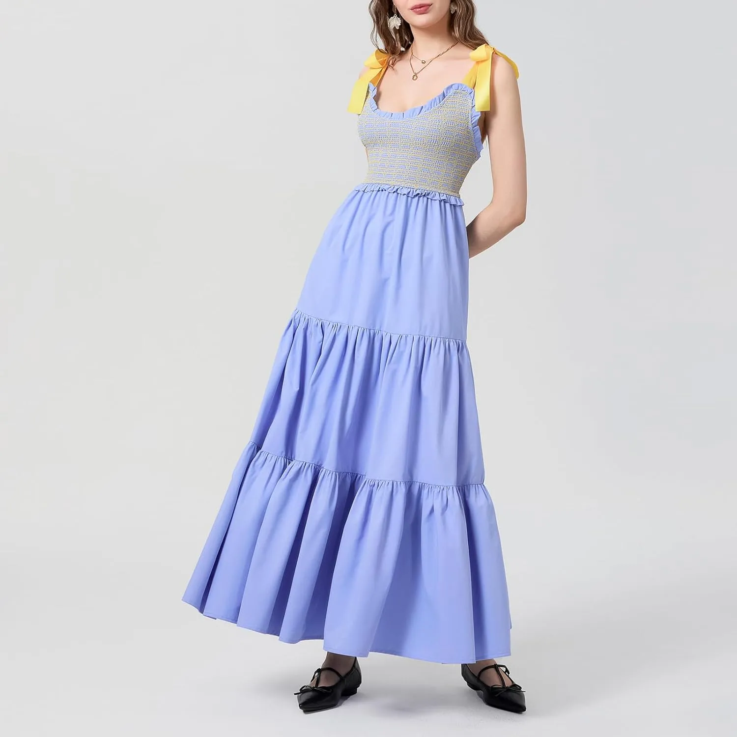 Women Tie Shoulder Maxi Dress Sleeveless Floral Smocked Tiered Ruffle Swing Flowy Dress Y2k Graffiti Long Sundresses