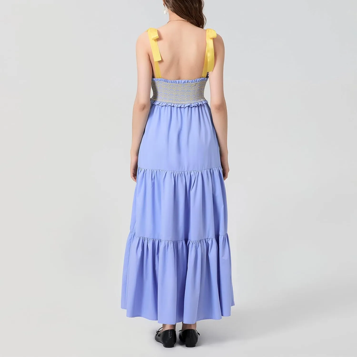 Women Tie Shoulder Maxi Dress Sleeveless Floral Smocked Tiered Ruffle Swing Flowy Dress Y2k Graffiti Long Sundresses