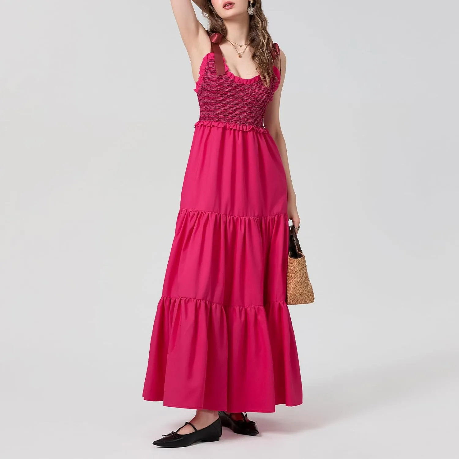 Women Tie Shoulder Maxi Dress Sleeveless Floral Smocked Tiered Ruffle Swing Flowy Dress Y2k Graffiti Long Sundresses