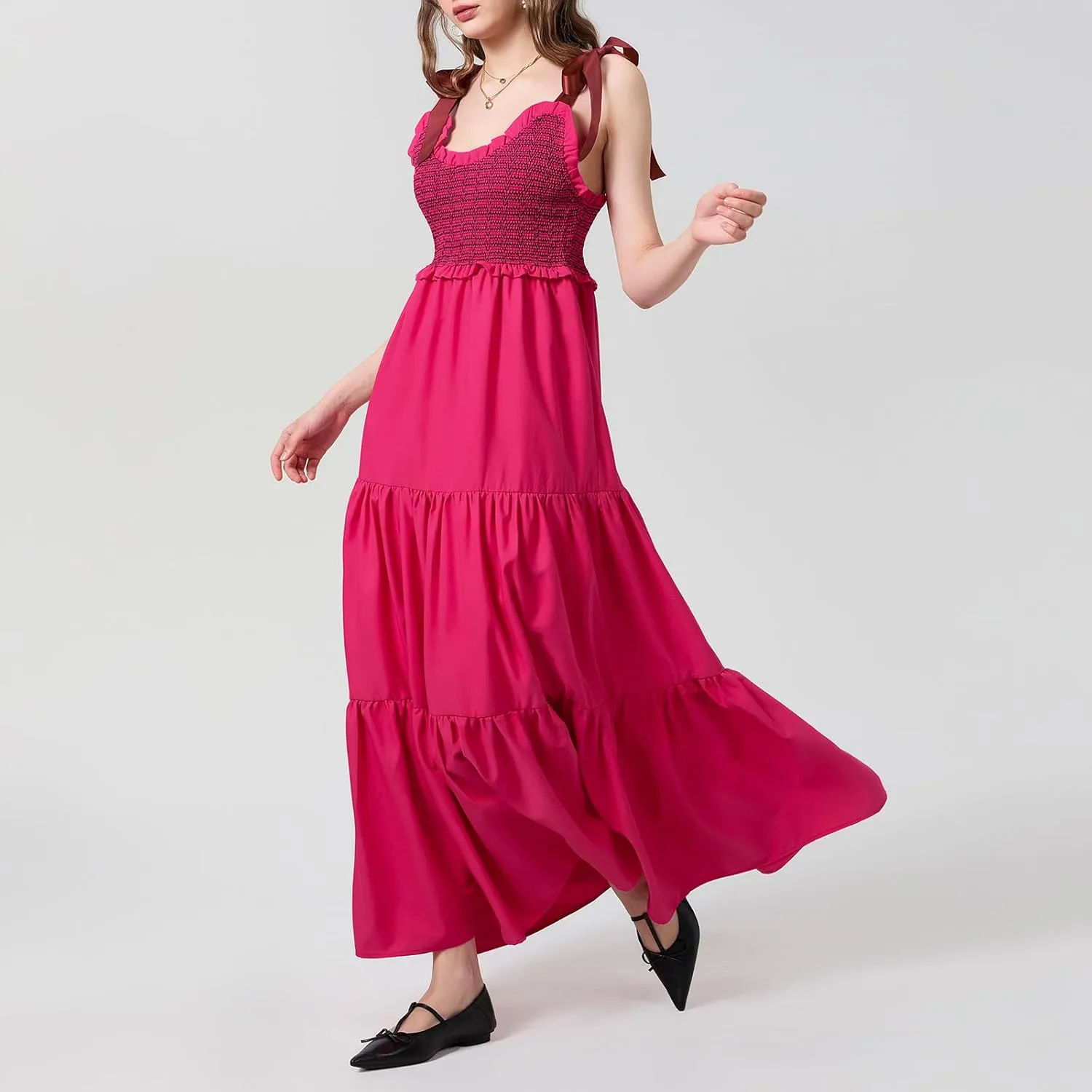 Women Tie Shoulder Maxi Dress Sleeveless Floral Smocked Tiered Ruffle Swing Flowy Dress Y2k Graffiti Long Sundresses