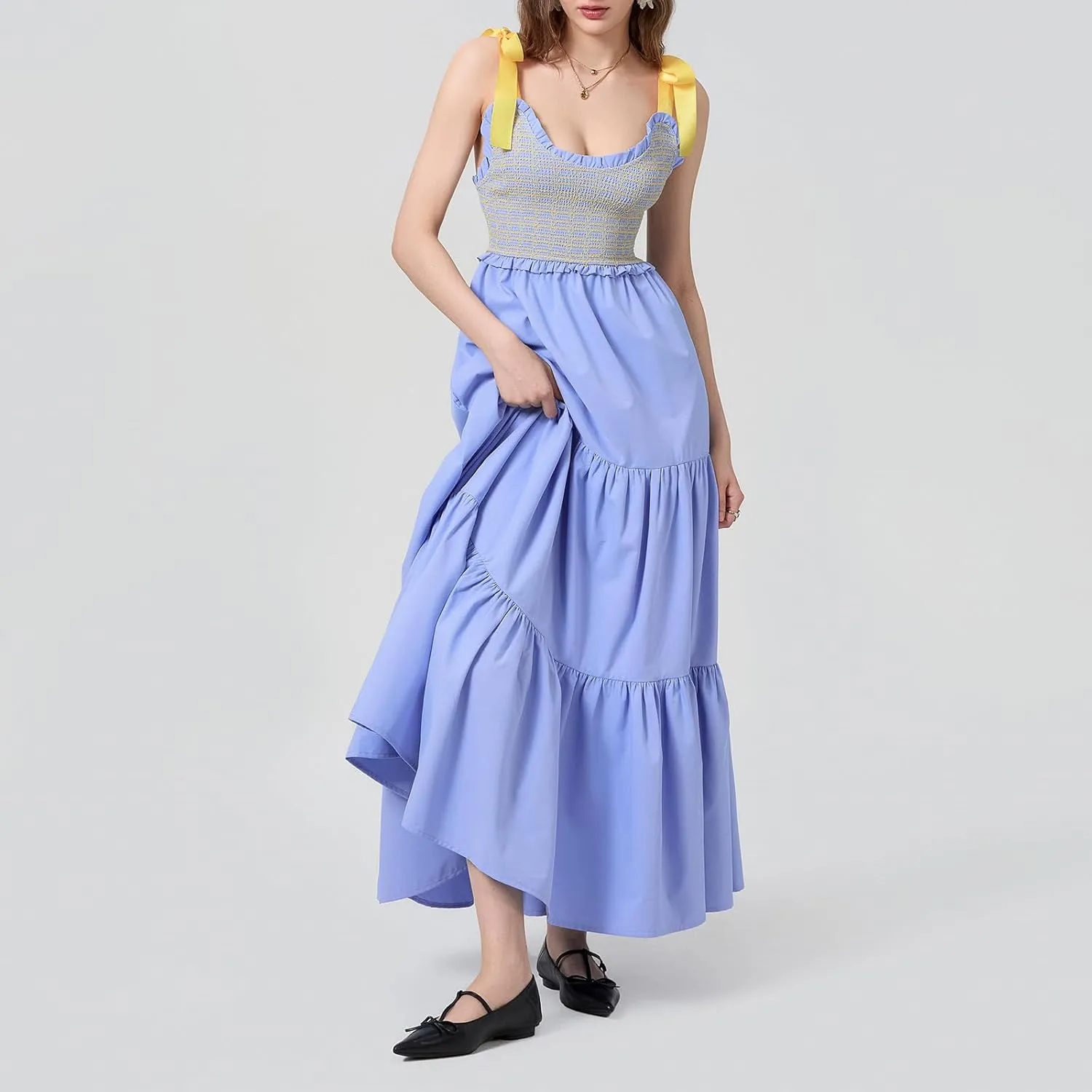 Women Tie Shoulder Maxi Dress Sleeveless Floral Smocked Tiered Ruffle Swing Flowy Dress Y2k Graffiti Long Sundresses