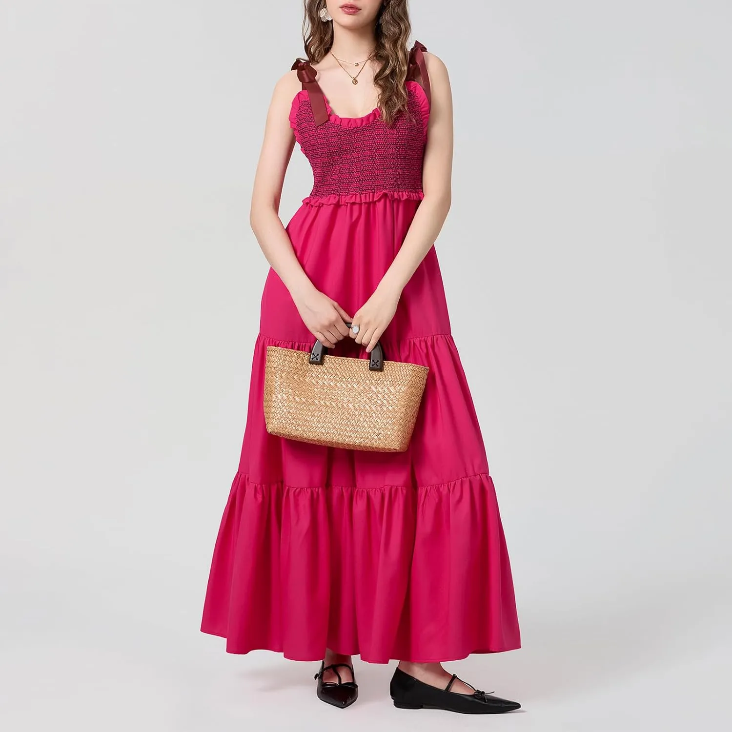 Women Tie Shoulder Maxi Dress Sleeveless Floral Smocked Tiered Ruffle Swing Flowy Dress Y2k Graffiti Long Sundresses