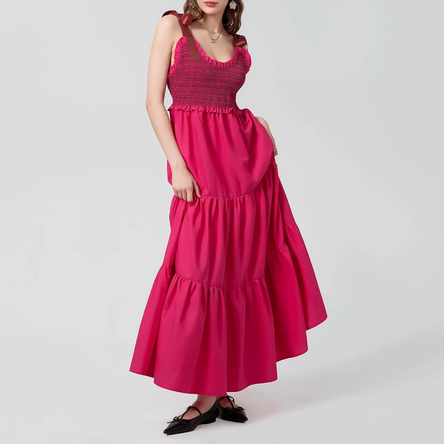 Women Tie Shoulder Maxi Dress Sleeveless Floral Smocked Tiered Ruffle Swing Flowy Dress Y2k Graffiti Long Sundresses