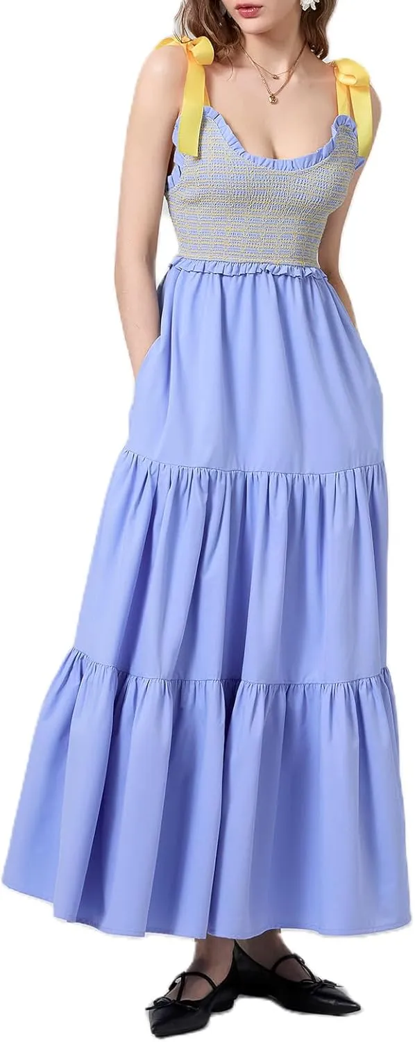 Women Tie Shoulder Maxi Dress Sleeveless Floral Smocked Tiered Ruffle Swing Flowy Dress Y2k Graffiti Long Sundresses