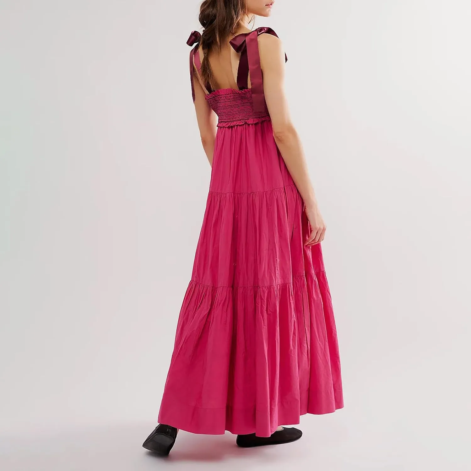 Women Tie Shoulder Maxi Dress Sleeveless Floral Smocked Tiered Ruffle Swing Flowy Dress Y2k Graffiti Long Sundresses