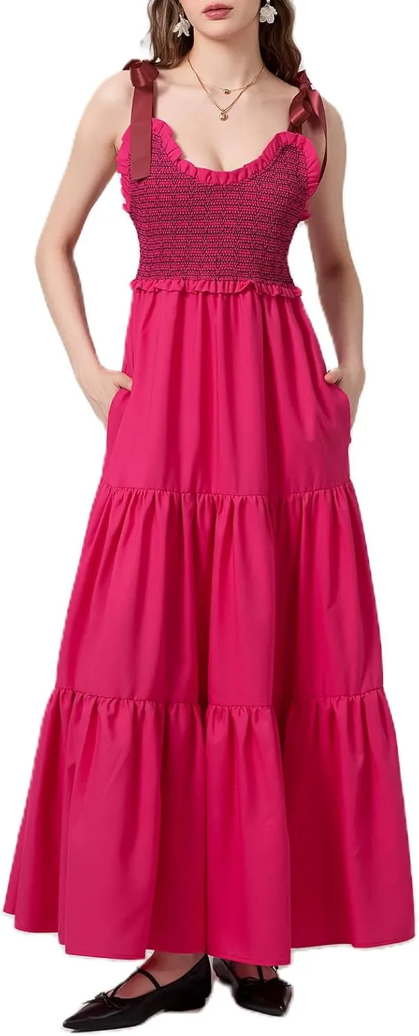 Women Tie Shoulder Maxi Dress Sleeveless Floral Smocked Tiered Ruffle Swing Flowy Dress Y2k Graffiti Long Sundresses