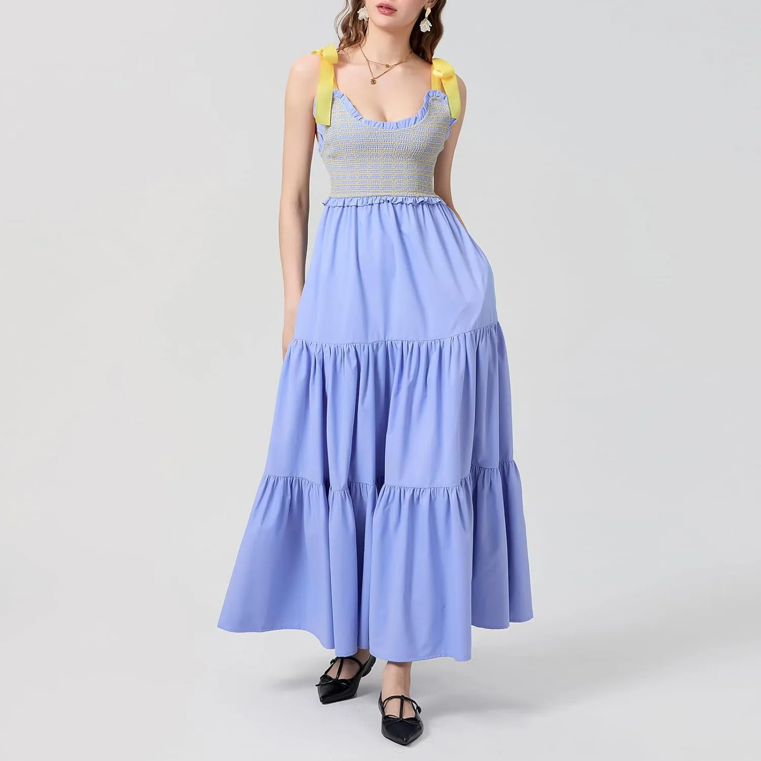 Women Tie Shoulder Maxi Dress Sleeveless Floral Smocked Tiered Ruffle Swing Flowy Dress Y2k Graffiti Long Sundresses