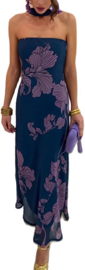 Women Y2K Floral Tube Long Dress Strapless Backless Bodycon Maxi Dress Summer Holiday Bandeau Dresses Beachwear