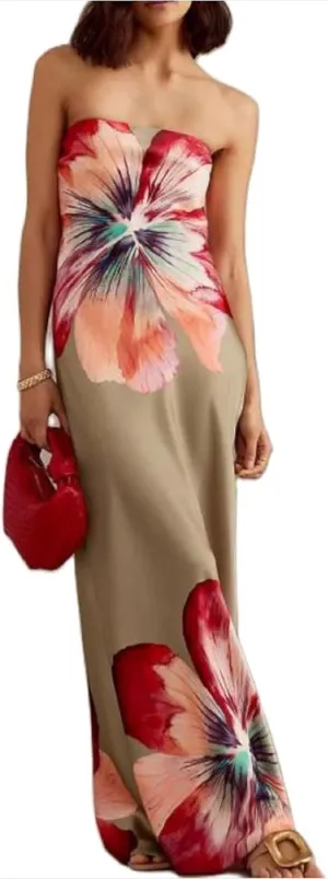 Women Y2K Floral Tube Long Dress Strapless Backless Bodycon Maxi Dress Summer Holiday Bandeau Dresses Beachwear