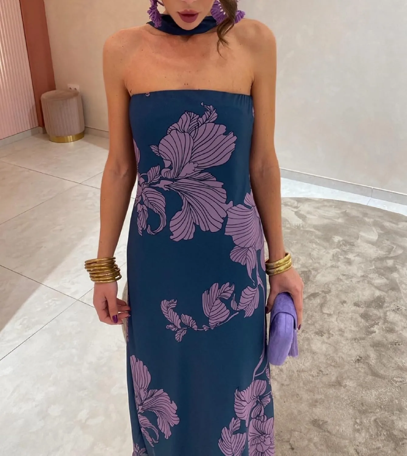 Women Y2K Floral Tube Long Dress Strapless Backless Bodycon Maxi Dress Summer Holiday Bandeau Dresses Beachwear