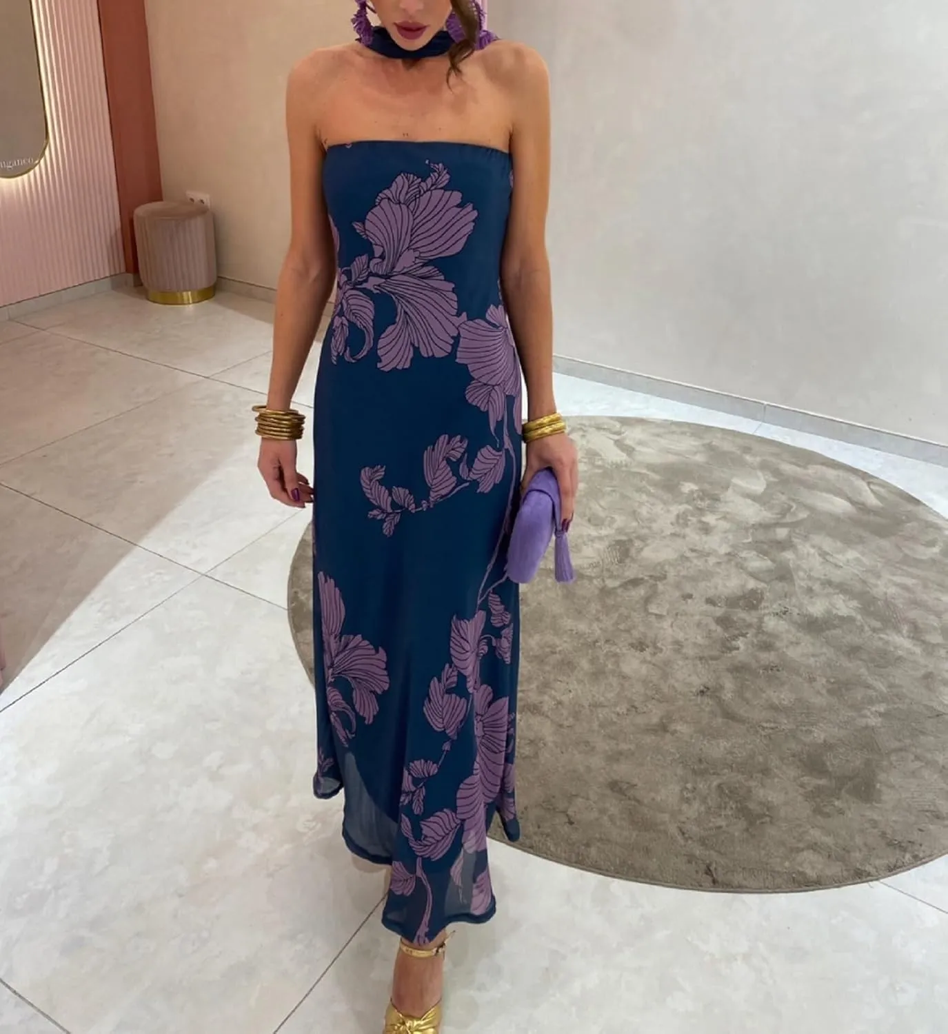 Women Y2K Floral Tube Long Dress Strapless Backless Bodycon Maxi Dress Summer Holiday Bandeau Dresses Beachwear