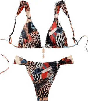 Women's 2 Piece Leopard Floral Bathing Suit Wireless Triangle Swimsuit High Waisted Bikini Sets