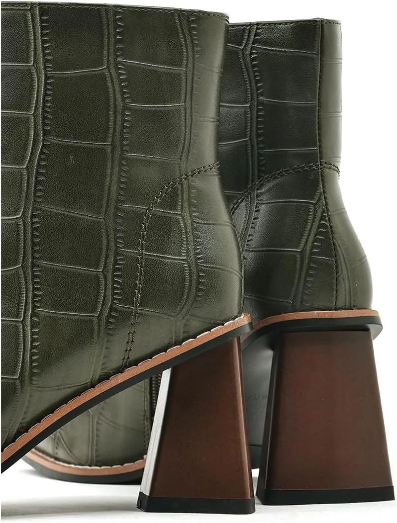 Womens Ankle Boots Zipper Chunky Mid Heel Boot Retro Square Pointed Toe Short Boots Heeled Shoes for Women Fall Winter