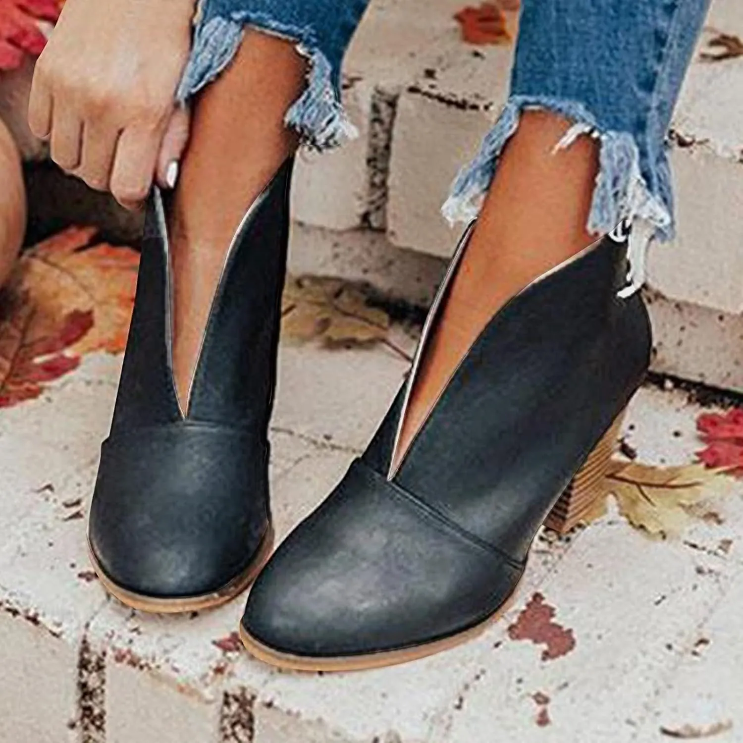 Womens Boots Ankle Womens Boots Fahsion Dressy Booties Slip On Low Heel Stacked Leather Boots Walking Short Shoes