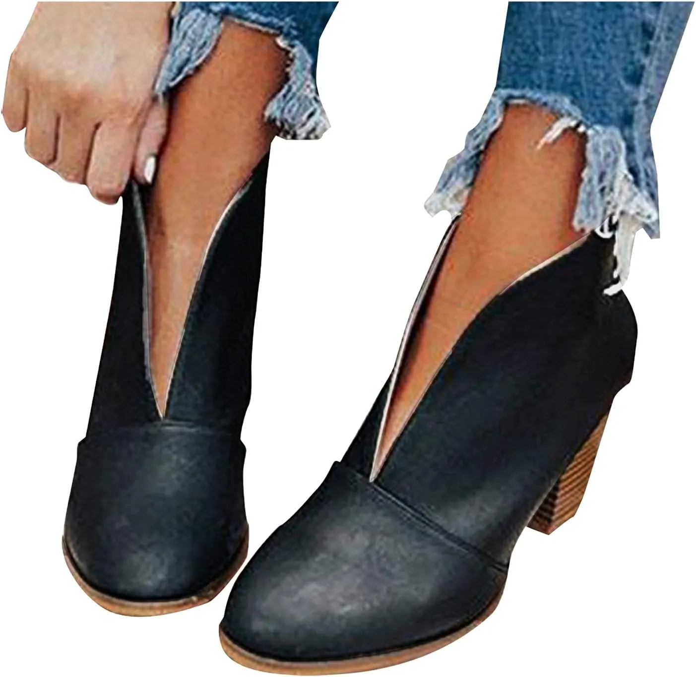 Womens Boots Ankle Womens Boots Fahsion Dressy Booties Slip On Low Heel Stacked Leather Boots Walking Short Shoes