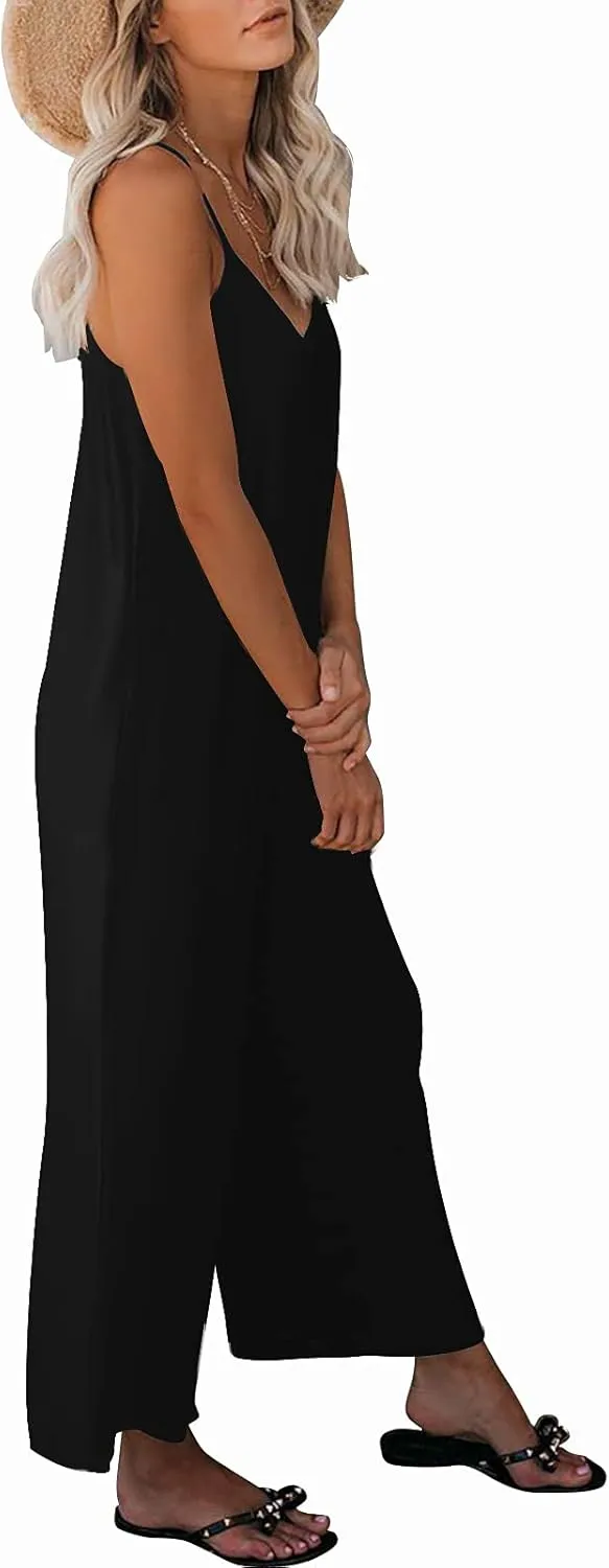 Womens Casual Sleeveless Strap Loose Adjustable Jumpsuits Stretchy Long Pants Romper with Pockets
