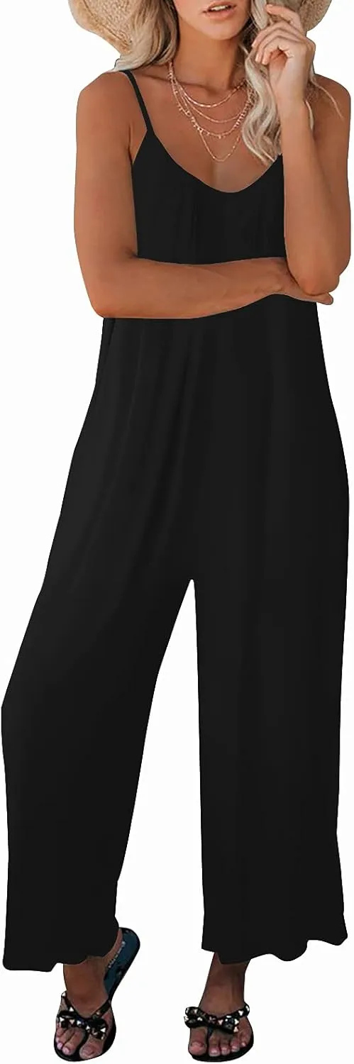 Womens Casual Sleeveless Strap Loose Adjustable Jumpsuits Stretchy Long Pants Romper with Pockets