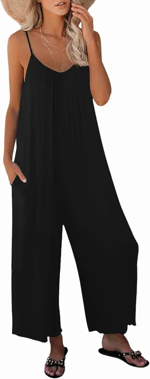 Womens Casual Sleeveless Strap Loose Adjustable Jumpsuits Stretchy Long Pants Romper with Pockets