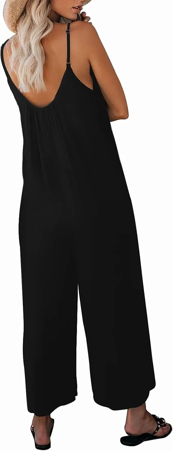 Womens Casual Sleeveless Strap Loose Adjustable Jumpsuits Stretchy Long Pants Romper with Pockets