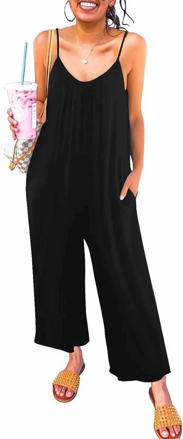 Womens Casual Sleeveless Strap Loose Adjustable Jumpsuits Stretchy Long Pants Romper with Pockets