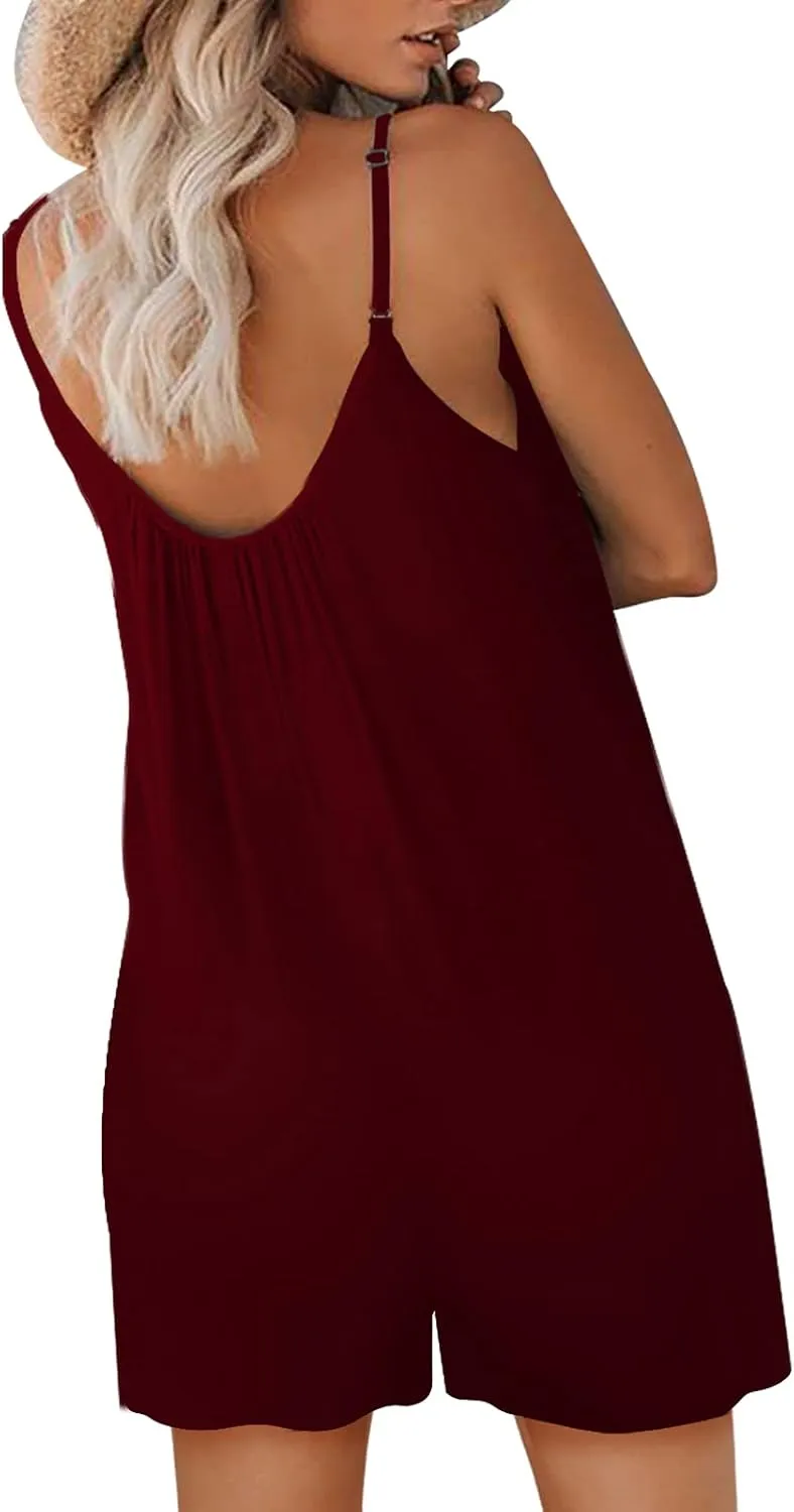 Womens Casual Sleeveless Strap Loose Adjustable Jumpsuits Stretchy Shorts Romper with Pockets