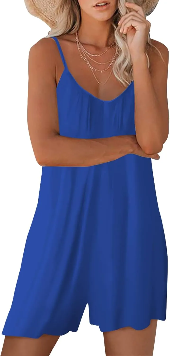 Womens Casual Sleeveless Strap Loose Adjustable Jumpsuits Stretchy Shorts Romper with Pockets