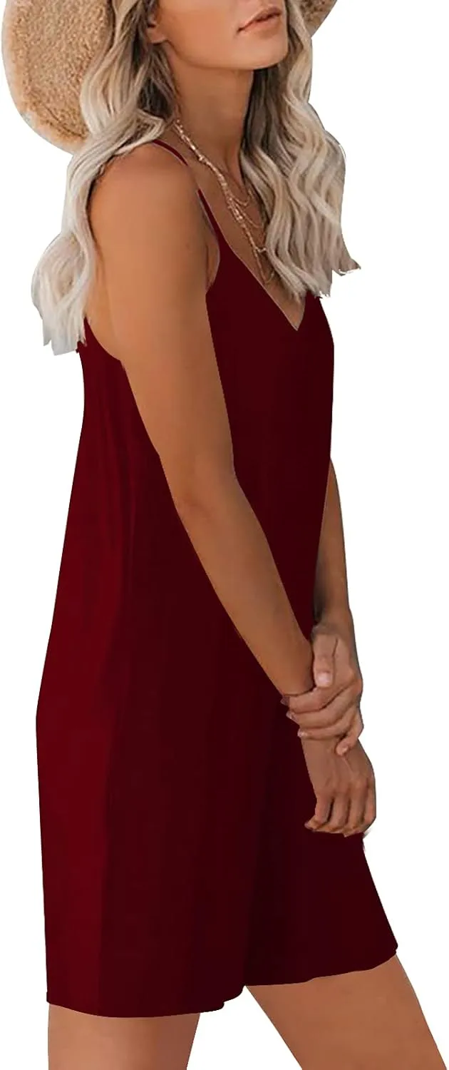 Womens Casual Sleeveless Strap Loose Adjustable Jumpsuits Stretchy Shorts Romper with Pockets
