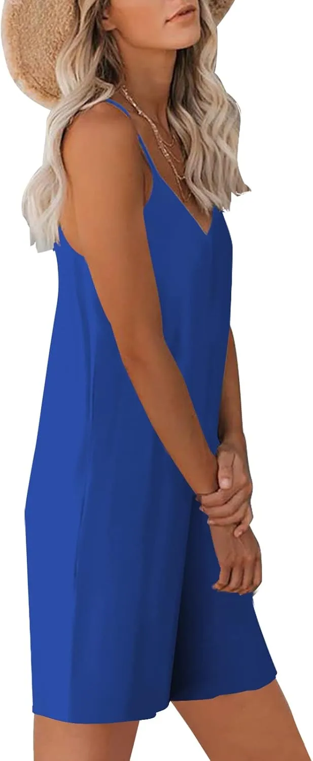 Womens Casual Sleeveless Strap Loose Adjustable Jumpsuits Stretchy Shorts Romper with Pockets