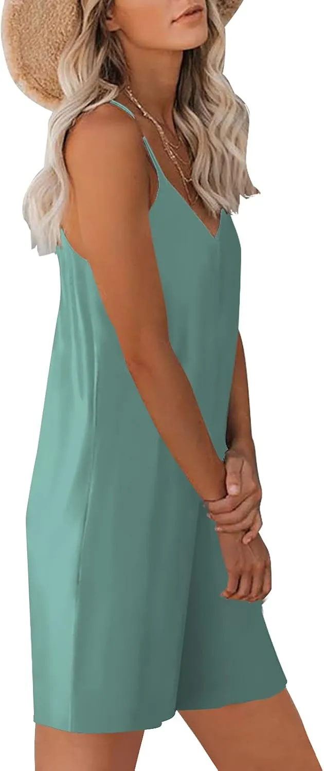 Womens Casual Sleeveless Strap Loose Adjustable Jumpsuits Stretchy Shorts Romper with Pockets