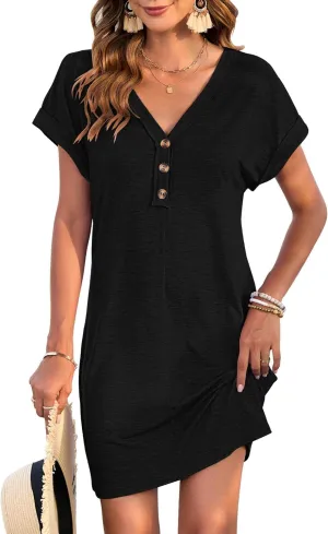 Women's Casual T Shirt V Neck Dress Summer Button Short Sleeve Dresses 2025 Mini Sundresses