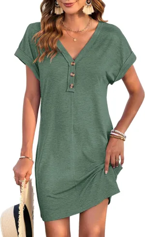 Women's Casual T Shirt V Neck Dress Summer Button Short Sleeve Dresses 2025 Mini Sundresses