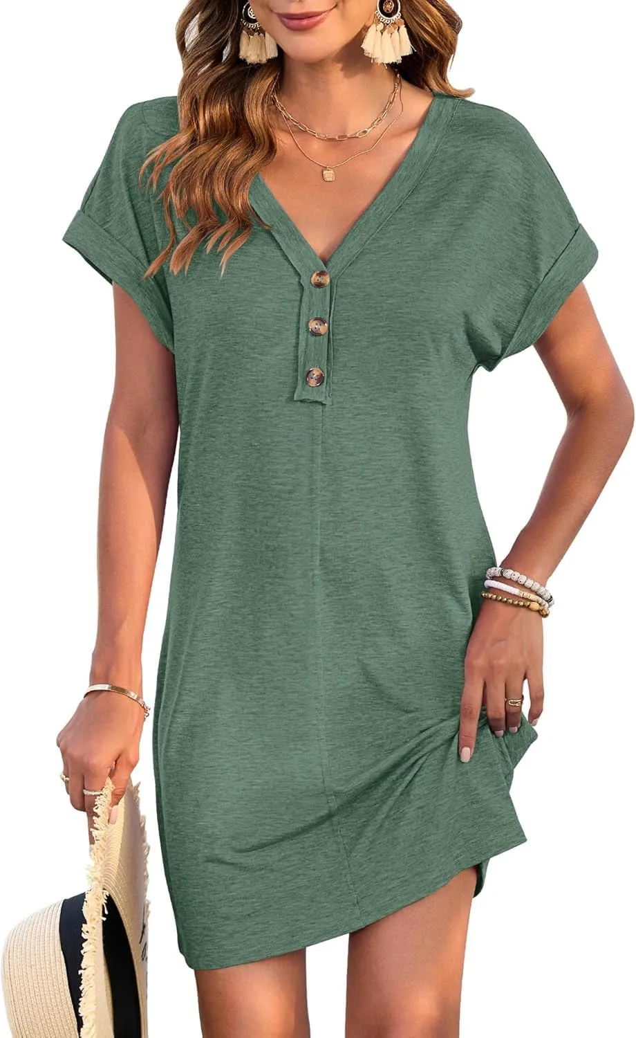 Women's Casual T Shirt V Neck Dress Summer Button Short Sleeve Dresses 2025 Mini Sundresses