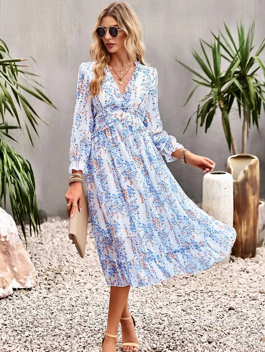 Women's Chiffon Floral Dress V Neck Midi Ruffle Long Sleeve A Line Casual