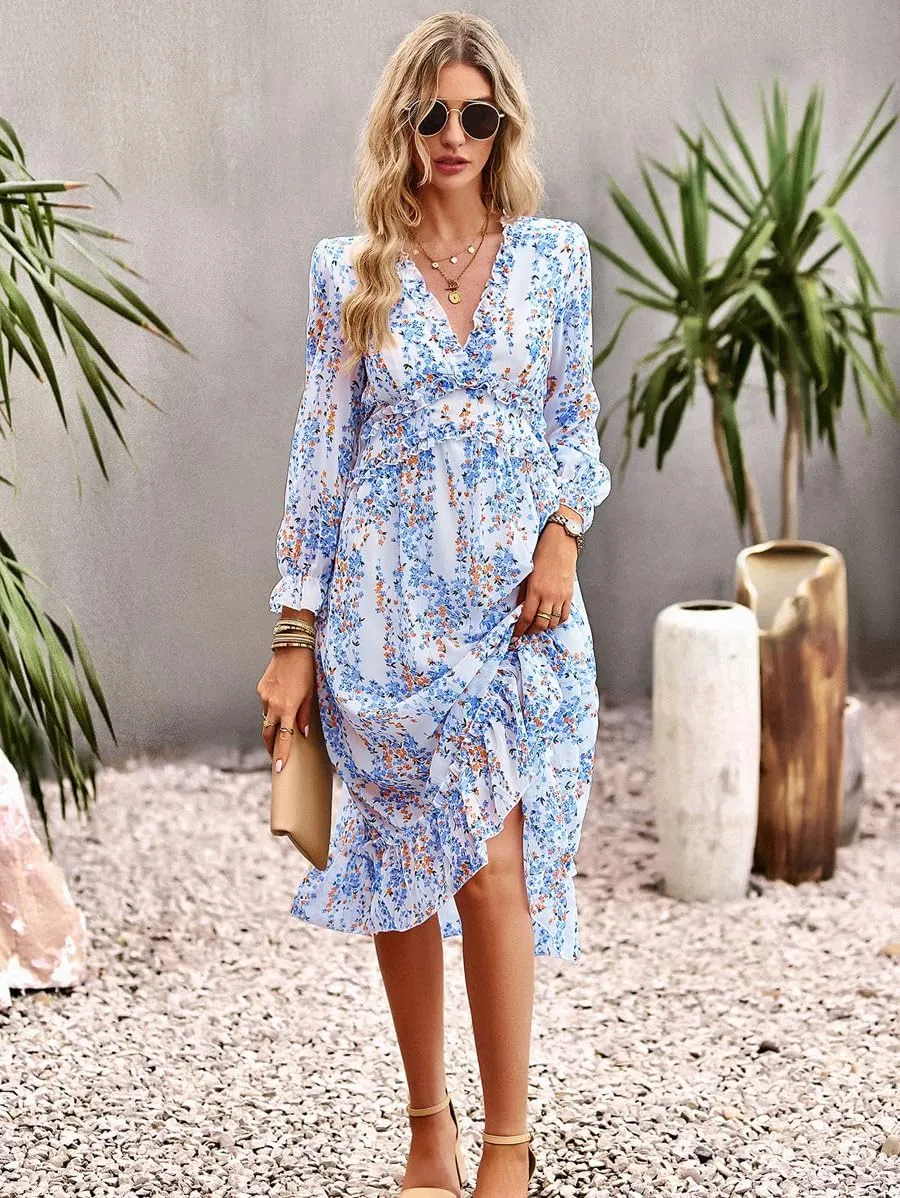 Women's Chiffon Floral Dress V Neck Midi Ruffle Long Sleeve A Line Casual
