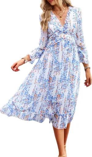Women's Chiffon Floral Dress V Neck Midi Ruffle Long Sleeve A Line Casual