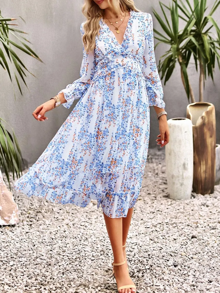 Women's Chiffon Floral Dress V Neck Midi Ruffle Long Sleeve A Line Casual